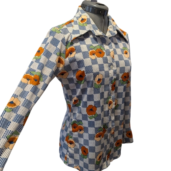 Vintage Tops - 70s Mod Pointy Collar Women Shirt Groovy Green Blue‎ Orange Psychedelic Graphic